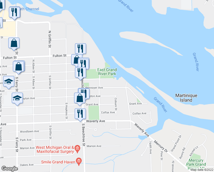 map of restaurants, bars, coffee shops, grocery stores, and more near 1623 Pennoyer Avenue in Grand Haven