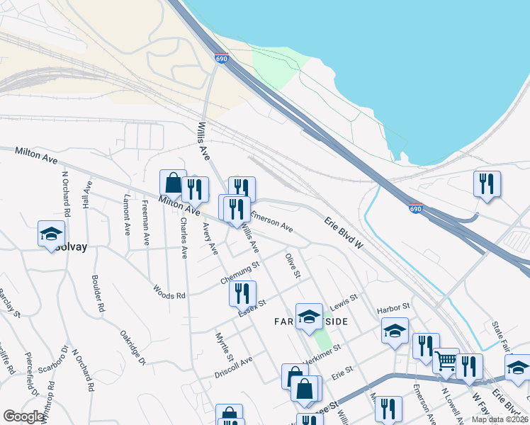 map of restaurants, bars, coffee shops, grocery stores, and more near 945 Emerson Avenue in Syracuse