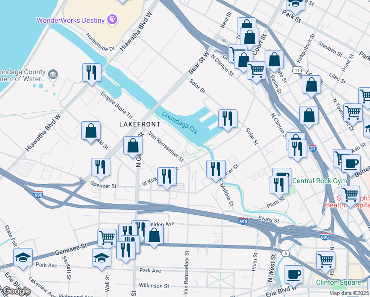 map of restaurants, bars, coffee shops, grocery stores, and more near Onondaga Creekwalk in Syracuse