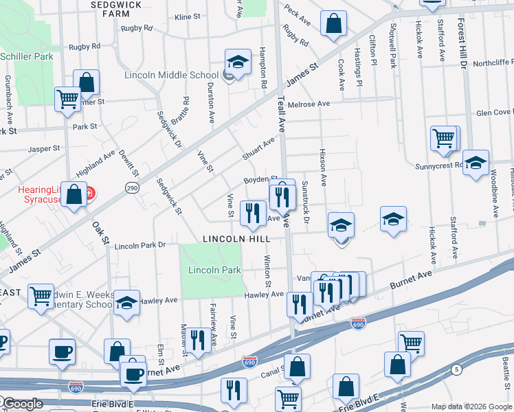 map of restaurants, bars, coffee shops, grocery stores, and more near 108 Herbst Avenue in Syracuse