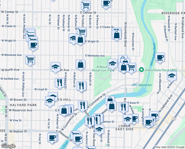 map of restaurants, bars, coffee shops, grocery stores, and more near 615 East Garfield Avenue in Milwaukee