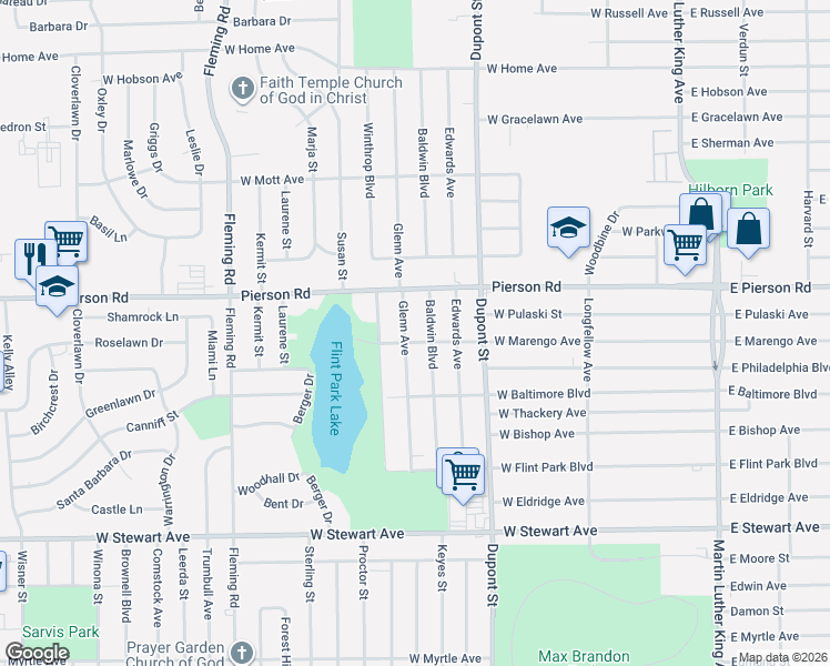 map of restaurants, bars, coffee shops, grocery stores, and more near 4910 Glenn Avenue in Flint