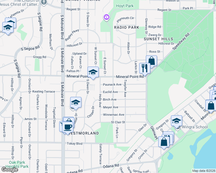 map of restaurants, bars, coffee shops, grocery stores, and more near 4123 Euclid Avenue in Madison