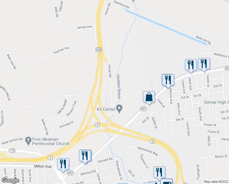 map of restaurants, bars, coffee shops, grocery stores, and more near 515 Horan Road in Syracuse