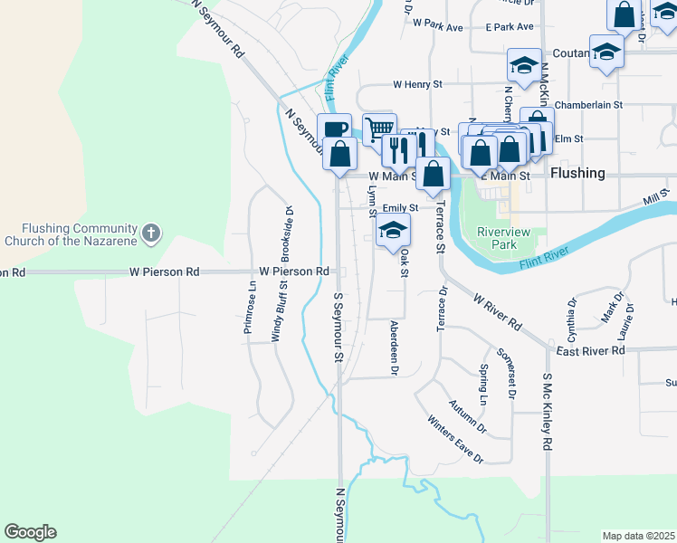 map of restaurants, bars, coffee shops, grocery stores, and more near 281 West Pierson Road in Flushing
