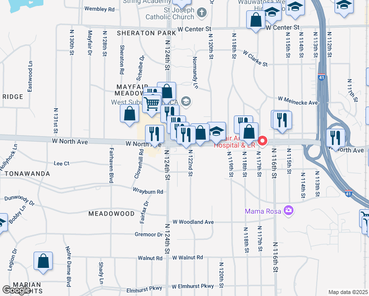 map of restaurants, bars, coffee shops, grocery stores, and more near 12217 West North Avenue in Wauwatosa