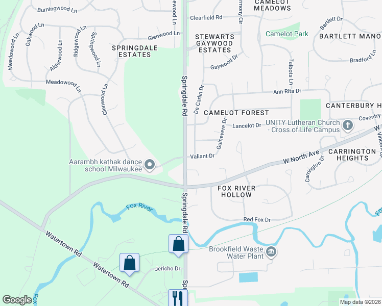 map of restaurants, bars, coffee shops, grocery stores, and more near 21970 King Arthurs Court in Brookfield
