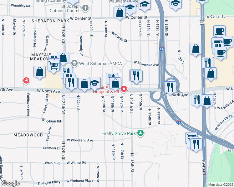 map of restaurants, bars, coffee shops, grocery stores, and more near 2231 North 117th Street in Wauwatosa