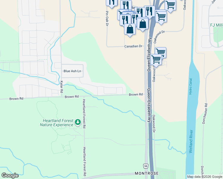 map of restaurants, bars, coffee shops, grocery stores, and more near 7782 Hackberry Trail in Niagara Falls