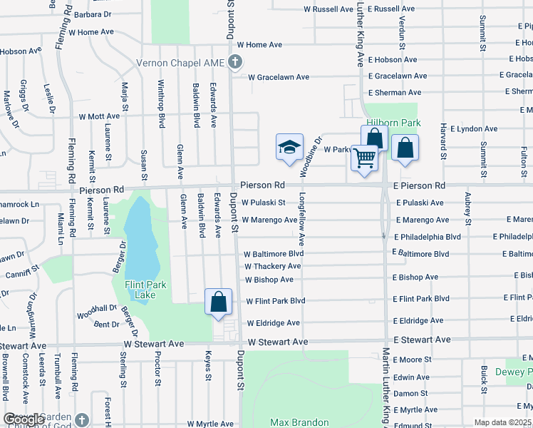 map of restaurants, bars, coffee shops, grocery stores, and more near 602 West Philadelphia Boulevard in Flint
