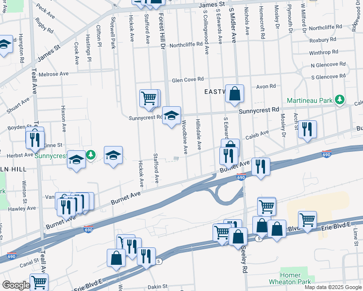 map of restaurants, bars, coffee shops, grocery stores, and more near 486 Woodbine Avenue in Syracuse