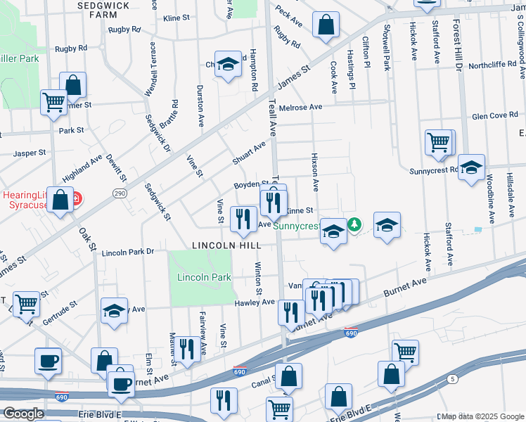 map of restaurants, bars, coffee shops, grocery stores, and more near 108 Herbst Avenue in Syracuse