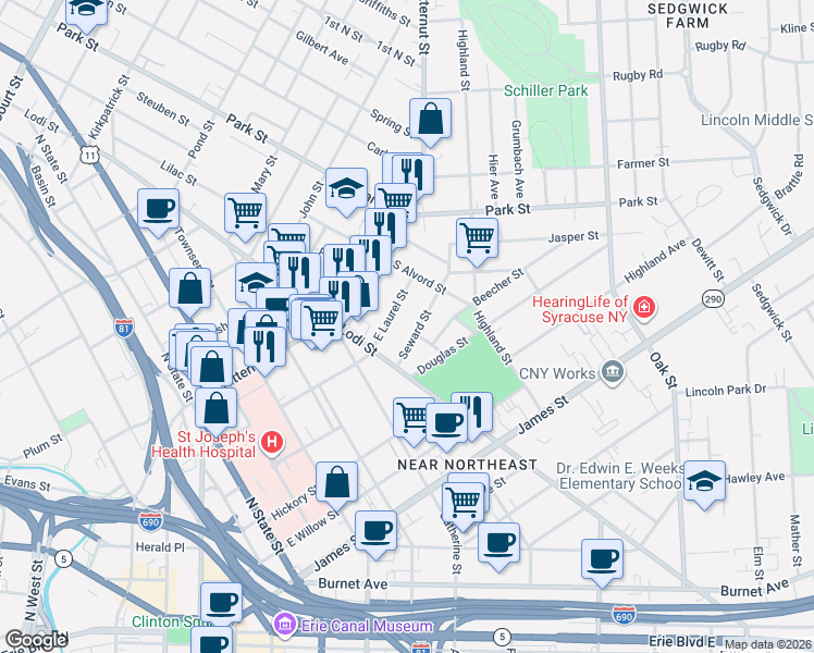 map of restaurants, bars, coffee shops, grocery stores, and more near 1202 Lodi Street in Syracuse