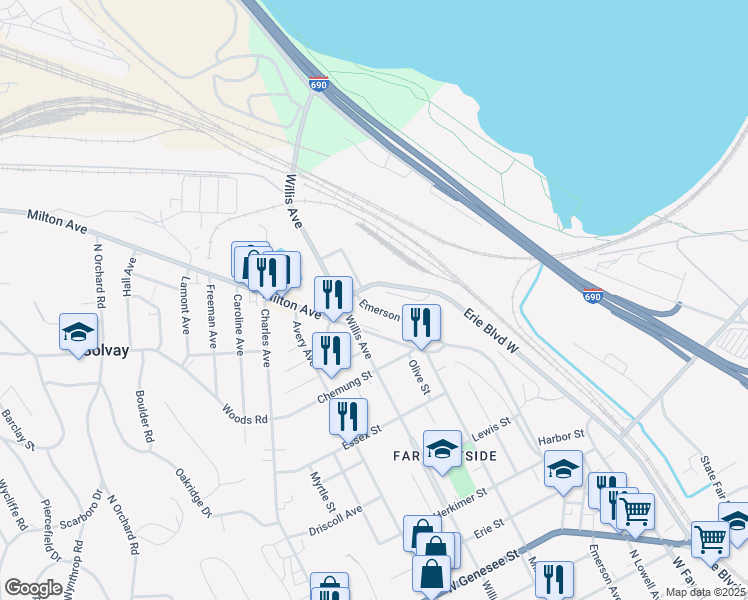 map of restaurants, bars, coffee shops, grocery stores, and more near 945 Emerson Avenue in Syracuse