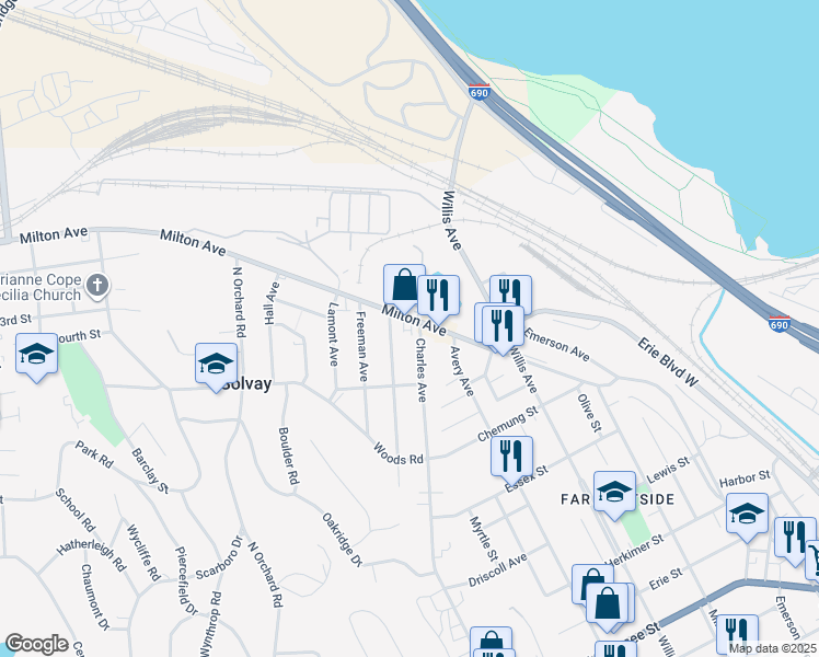 map of restaurants, bars, coffee shops, grocery stores, and more near 119 Caroline Avenue in Syracuse