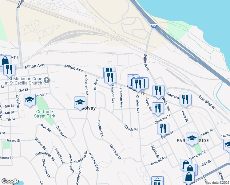 map of restaurants, bars, coffee shops, grocery stores, and more near 126 Freeman Avenue in Syracuse