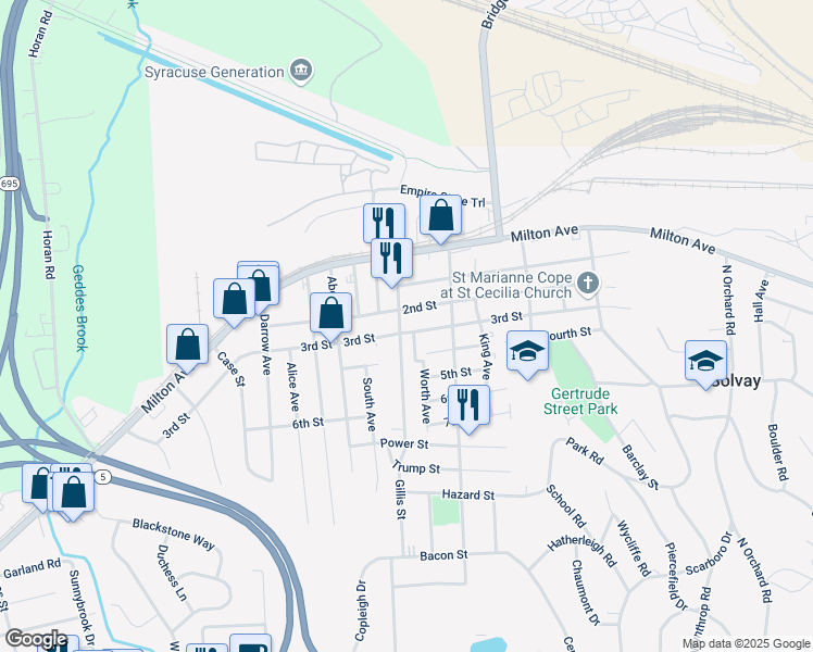 map of restaurants, bars, coffee shops, grocery stores, and more near 406 Center Street in Solvay