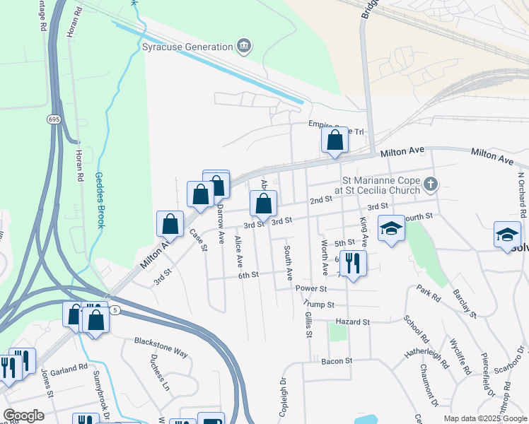 map of restaurants, bars, coffee shops, grocery stores, and more near 801 3rd Street in Syracuse