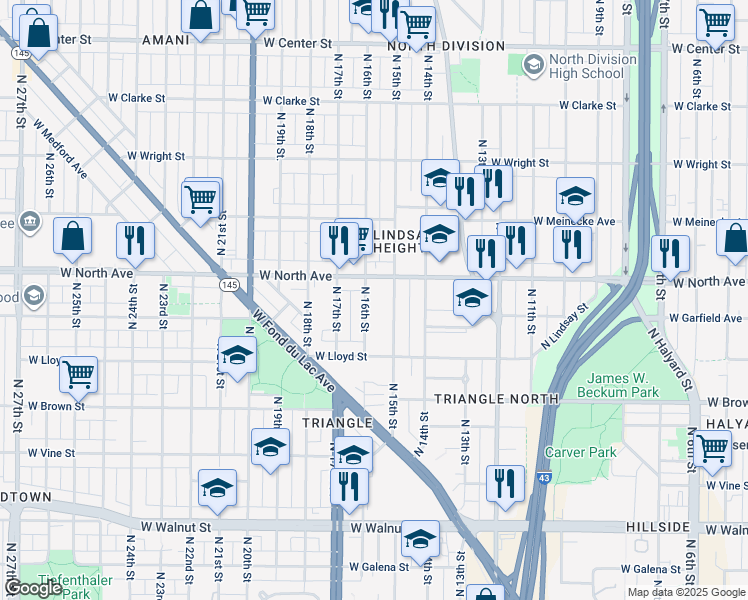 map of restaurants, bars, coffee shops, grocery stores, and more near 2203 North 16th Street in Milwaukee