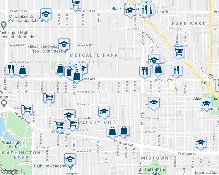 map of restaurants, bars, coffee shops, grocery stores, and more near 2154 North 31st Street in Milwaukee