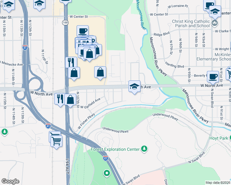 map of restaurants, bars, coffee shops, grocery stores, and more near 2216 North 103rd Street in Wauwatosa