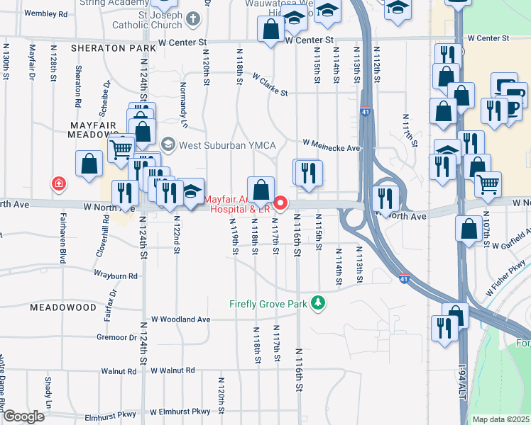 map of restaurants, bars, coffee shops, grocery stores, and more near 2231 North 117th Street in Wauwatosa