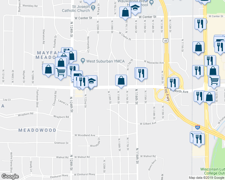 map of restaurants, bars, coffee shops, grocery stores, and more near 2229 North 118th Street in Wauwatosa