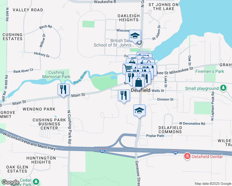 map of restaurants, bars, coffee shops, grocery stores, and more near 426 Wells Street in Delafield