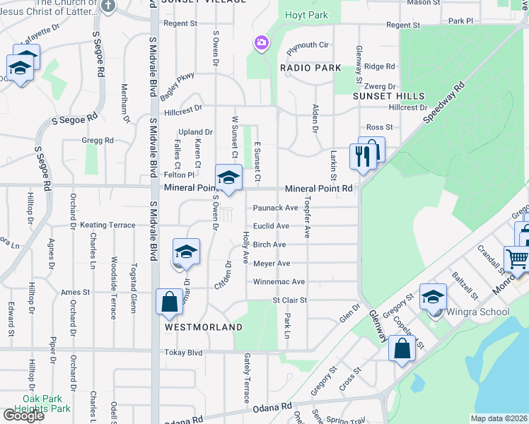 map of restaurants, bars, coffee shops, grocery stores, and more near 4123 Euclid Avenue in Madison