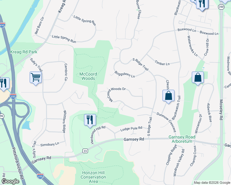 map of restaurants, bars, coffee shops, grocery stores, and more near 28 Mc Coord Woods Drive in Fairport
