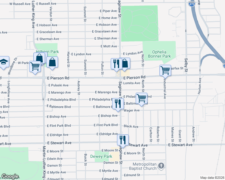 map of restaurants, bars, coffee shops, grocery stores, and more near 649 East Philadelphia Boulevard in Flint