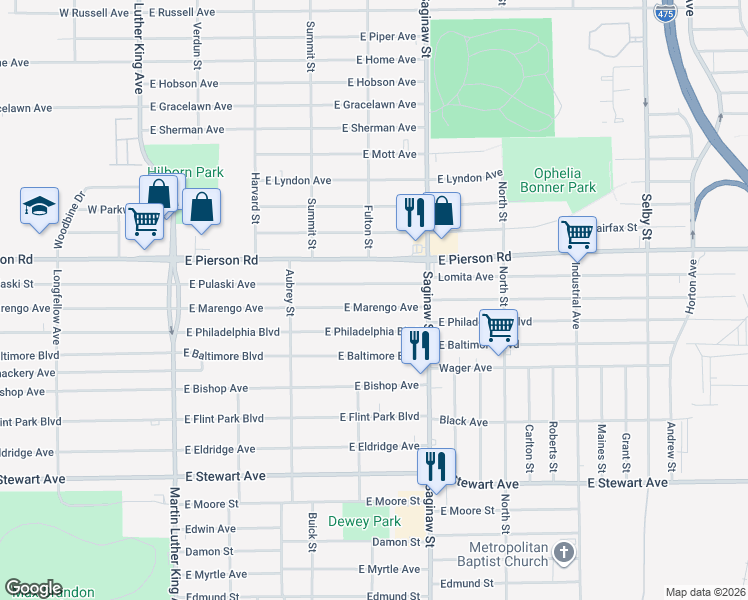 map of restaurants, bars, coffee shops, grocery stores, and more near 649 East Philadelphia Boulevard in Flint