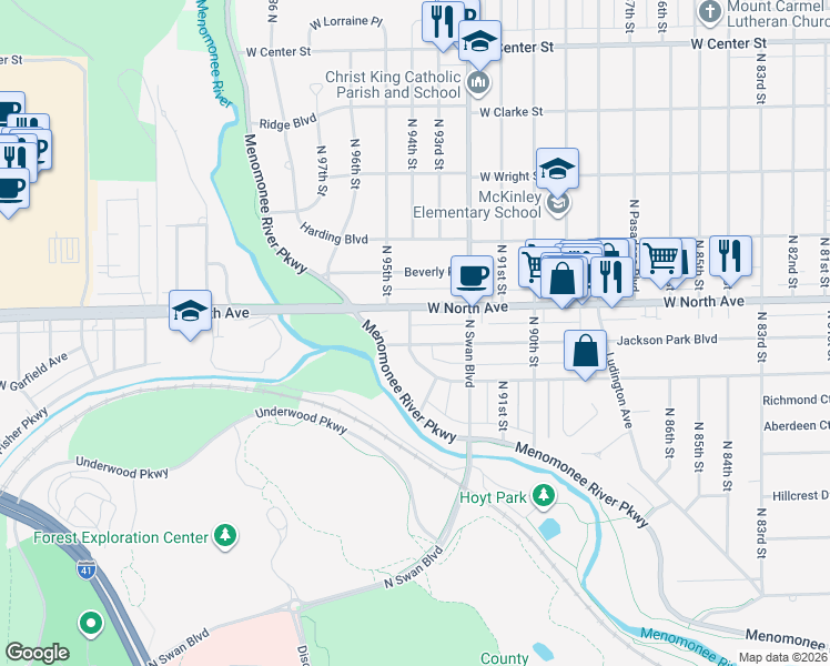 map of restaurants, bars, coffee shops, grocery stores, and more near 9315 Jackson Park Boulevard in Wauwatosa