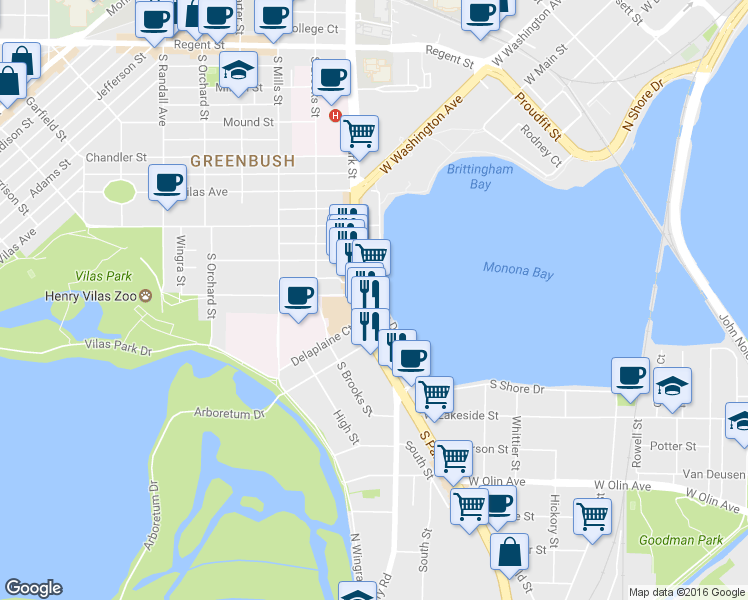 map of restaurants, bars, coffee shops, grocery stores, and more near 801 Erin Street in Madison