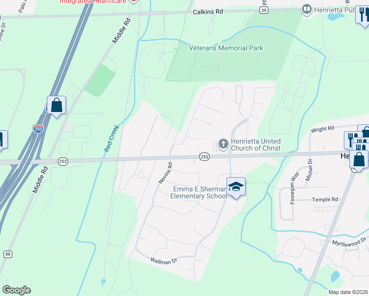 map of restaurants, bars, coffee shops, grocery stores, and more near 1321 Lehigh Station Road in Henrietta