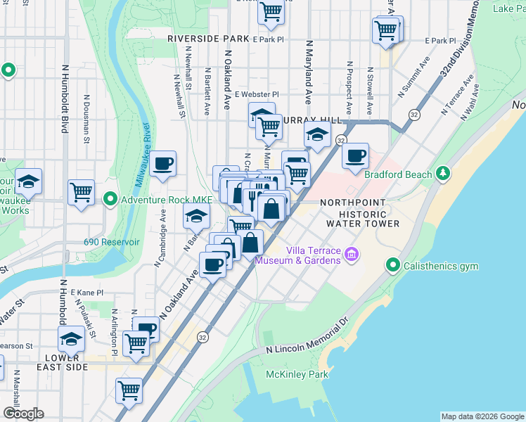 map of restaurants, bars, coffee shops, grocery stores, and more near 1903 East Kenilworth Place in Milwaukee