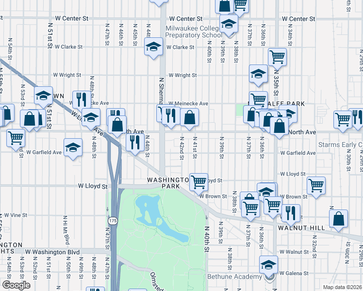 map of restaurants, bars, coffee shops, grocery stores, and more near 2169 North 42nd Street in Milwaukee