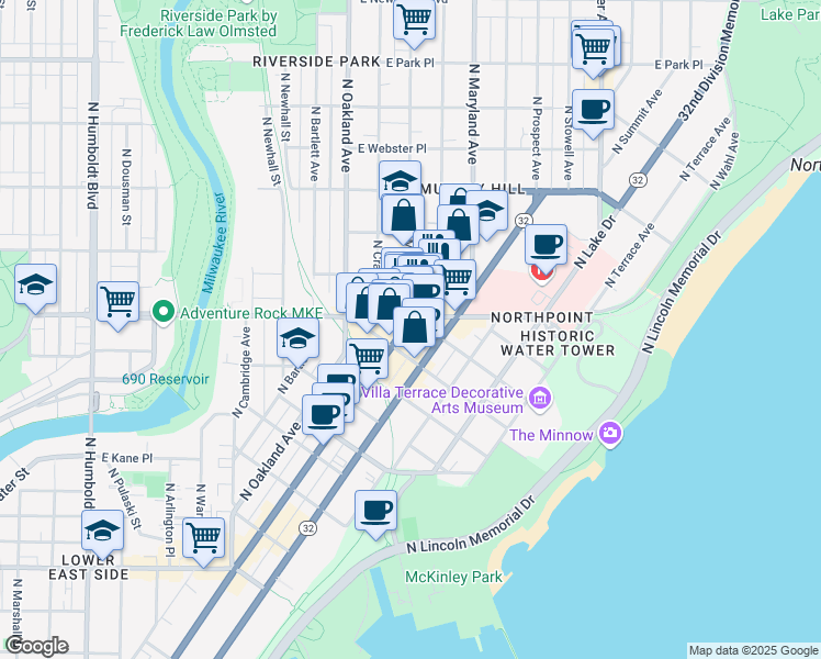 map of restaurants, bars, coffee shops, grocery stores, and more near 2018 East North Avenue in Milwaukee