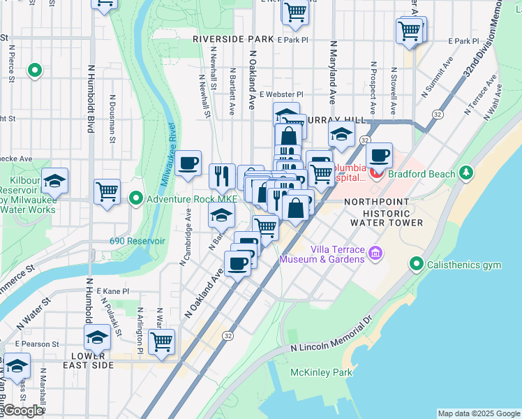 map of restaurants, bars, coffee shops, grocery stores, and more near 1815 East Kenilworth Place in Milwaukee