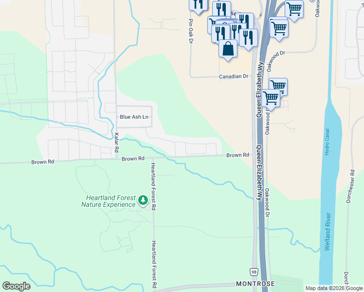 map of restaurants, bars, coffee shops, grocery stores, and more near 7865 Hackberry Trail in Niagara Falls