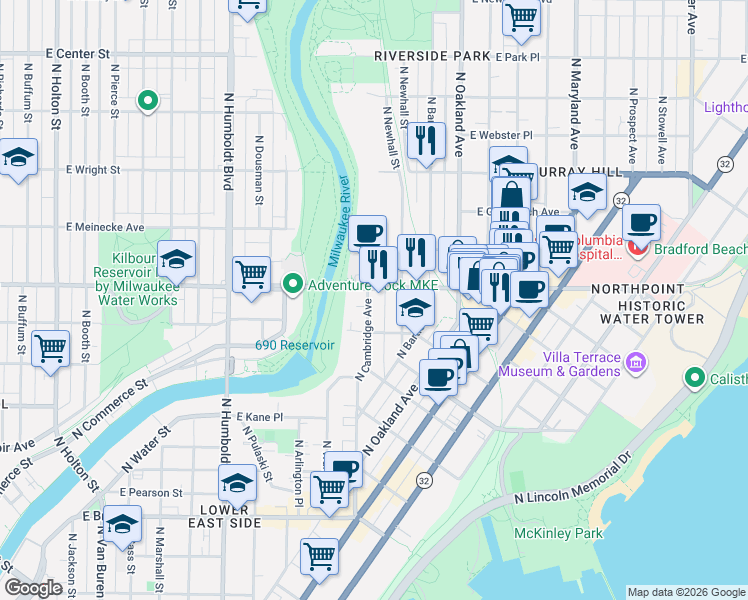 map of restaurants, bars, coffee shops, grocery stores, and more near in Milwaukee