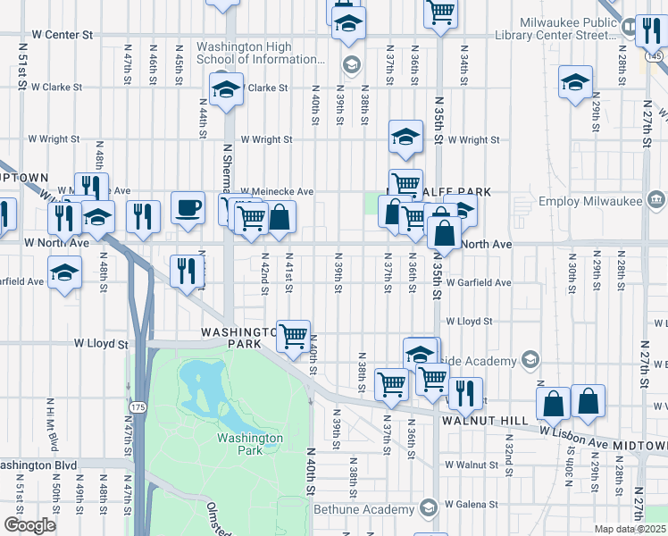 map of restaurants, bars, coffee shops, grocery stores, and more near 2221 North 39th Street in Milwaukee