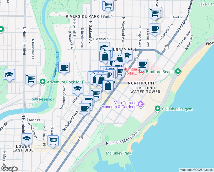 map of restaurants, bars, coffee shops, grocery stores, and more near 2230 North Farwell Avenue in Milwaukee