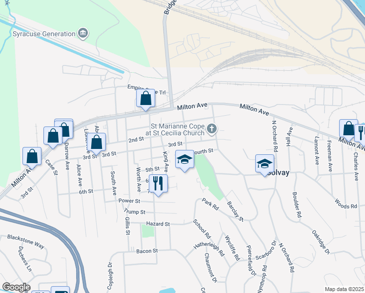 map of restaurants, bars, coffee shops, grocery stores, and more near 309 2nd Street in Solvay