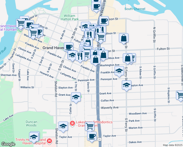map of restaurants, bars, coffee shops, grocery stores, and more near 16 8th Street in Grand Haven