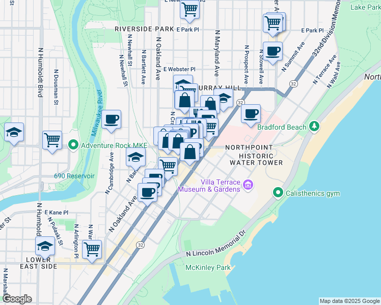 map of restaurants, bars, coffee shops, grocery stores, and more near 2018 East North Avenue in Milwaukee