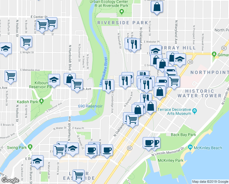 map of restaurants, bars, coffee shops, grocery stores, and more near in Milwaukee