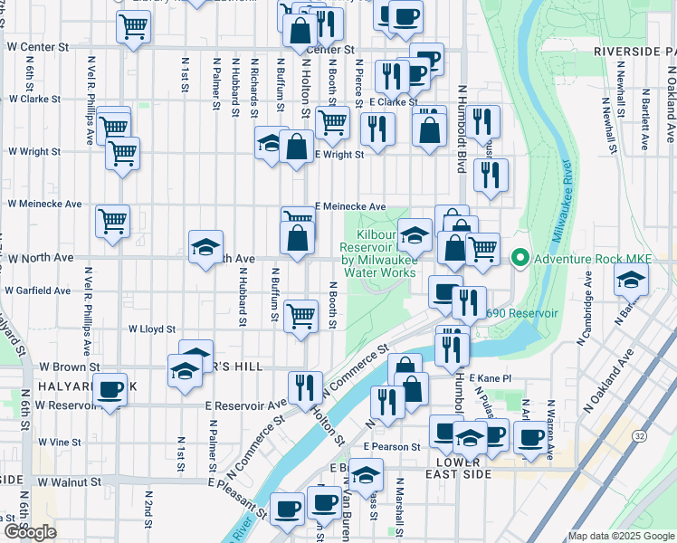 map of restaurants, bars, coffee shops, grocery stores, and more near 2311 North Booth Street in Milwaukee