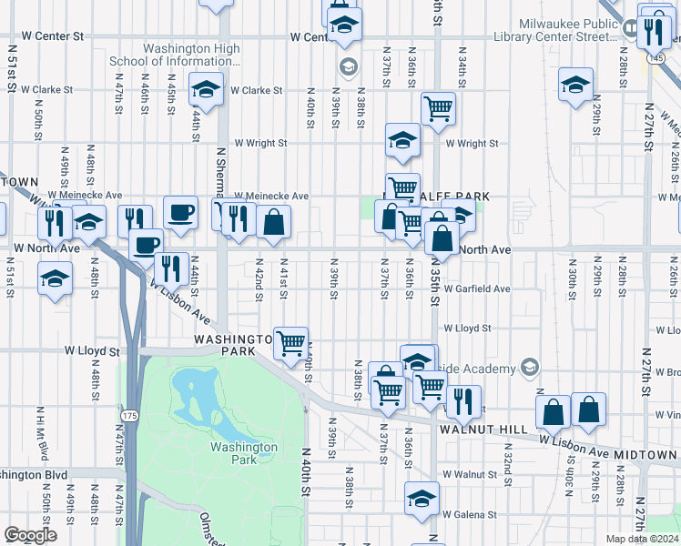 map of restaurants, bars, coffee shops, grocery stores, and more near 3809b West North Avenue in Milwaukee