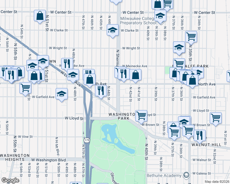 map of restaurants, bars, coffee shops, grocery stores, and more near 4242 West North Avenue in Milwaukee